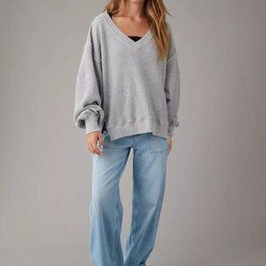 American Eagle Oversized Big Hug Waffle V-Neck Sweatshirt XL Gray